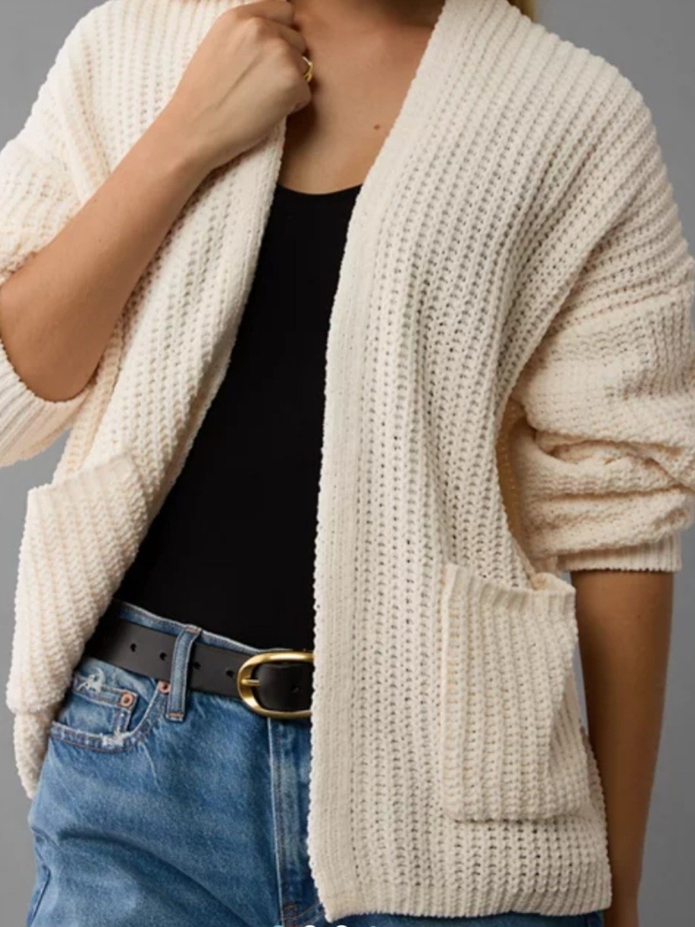 American Eagle Outfitters Cream Waffle Knit Open Cardigan